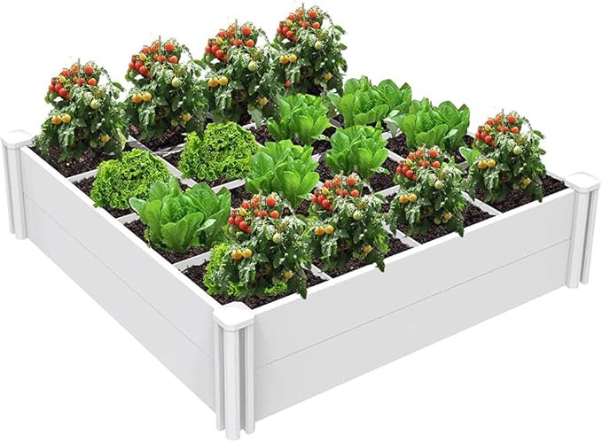 Raised Garden Bed Kit 4'x4' Outdoor Above Ground Planter Box for Growing Vegetables Flowers Herbs, DIY Gardening, Whelping Pen and More, Screwless White Vinyl Garden Bed with Grid