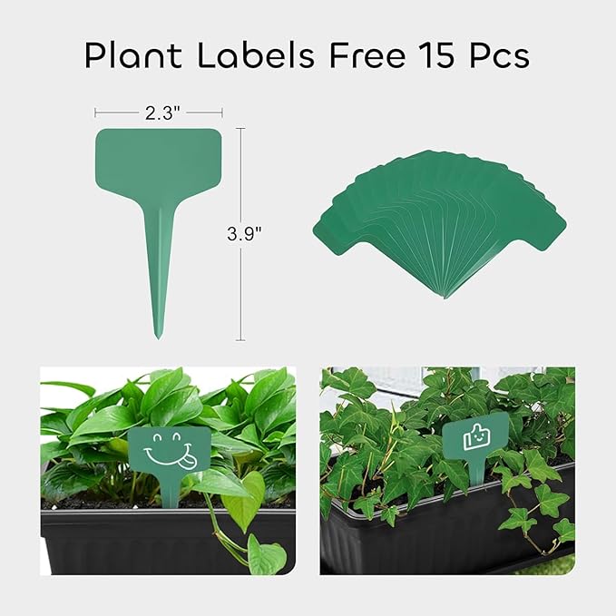 GROWNEER 3 Packs 17 Inches Black Flower Window Box Plastic Vegetable Planters Long Pots with 15 Pcs Plant Labels for Outdoor Indoor Windowsill Patio Garden Home Decor Porch