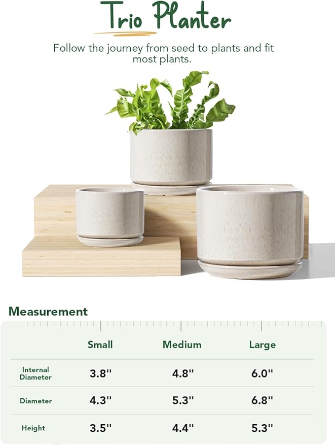 LE TAUCI Ceramic Plant Pots, 4.3+5.3+6.8 inch, Set of 3, Planters with Drainage Hole and Saucer, Indoor Flower Pot with Hole Mesh Pad, Gifts for Mom, Reactive Glaze Beige