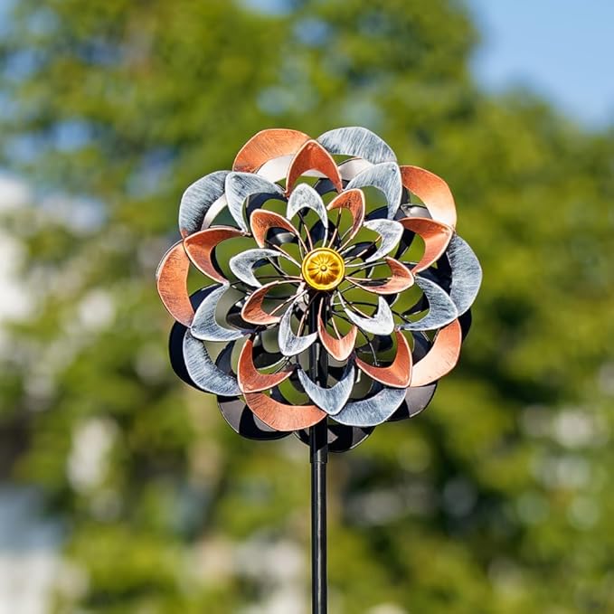 VEWOGARDEN 360° Outdoor Metal Wind Spinners Kinetic Wind Sculptures & Spinners for Yard Garden Lawn Patio Decorations, Gray & Bronze