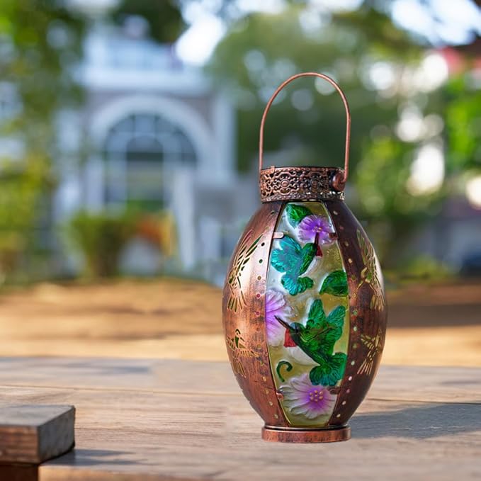 Starsoul Hummingbird Solar Lantern Stained Glass & Metal Outdoor Lantern Waterproof Hummingbird Hanging Metal Decorative Lights for Patio Table Garden Pathway Yard