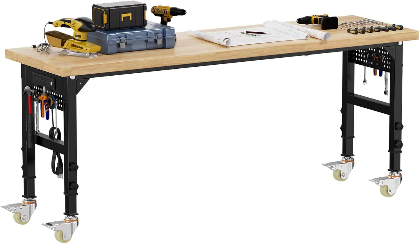 70'' Adjustable Workbench, Solid Wood Work Bench Table with Wheels and Power Outlet & Pegboard, Rolling Workbench Large Load Capacity Garage Workbench for Workshop,Office,Home