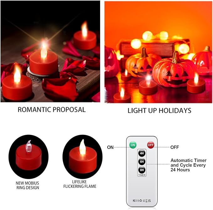 Tea Light Candles with Remote Control,50pack Flickering Flameless LED Candle,Long Lasting 400+Hours,Battery Operated with Timer for Home Decoration Seasonal &Festival Celebration Red