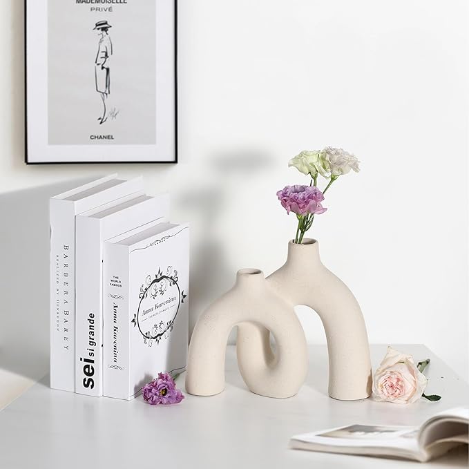 CEMABT Modern Nordic Boho Vase Set - Elegant Beige Matte Ceramic Home Decor for Living Room, Bookshelf, Mantel, Entryway Table & Console Décor | Shelf Decorations Gift