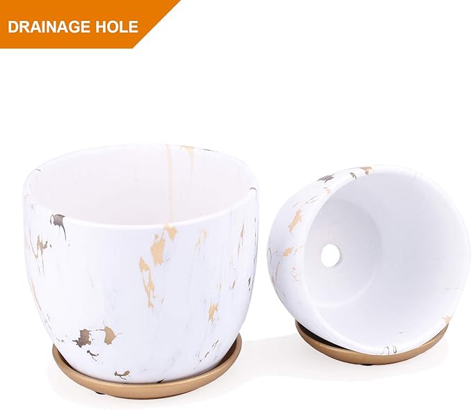 8 Inch Ceramic Plant pots (Set of 2), 8 Inch 7 Inch Modern Flower Planter, Gold Marble Gardening Pots with Drainage Hole and Saucer for Outdoor Indoor Yard Garden Home Office Decoration.
