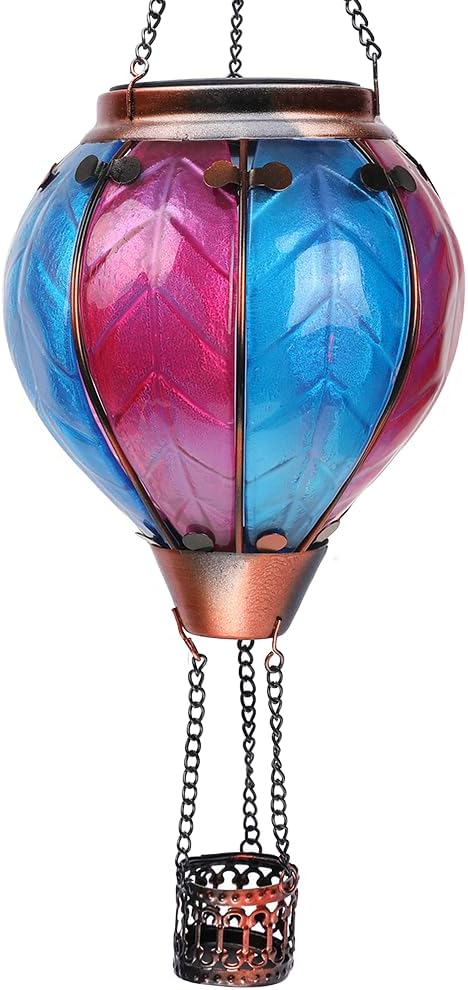 Hot Air Balloon Solar Lantern with Flickering Flame Hanging Solar Lanterns Outdoor Lights Waterproof Lanterns Decorative Garden Patio Yard Party Decor Rose Red&Blue