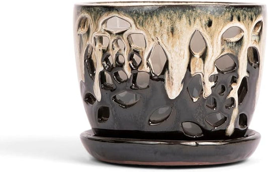 rePotme 5 inch Floral Cutout Ceramic Orchid Pot (Honey Cream Over Coffee)