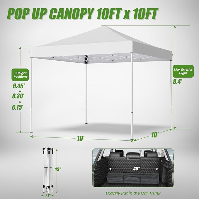 Shades 10x10 Pop Up Canopy,Heavy Duty Beach Tent with Carrying Bag for Easy Moving,Sun Shelter for Parties,Events,Camping,Outdoor Gazebo with 420D PU Coated Waterproof White Fabric,4 Sandbags