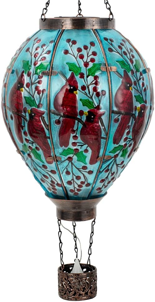 DREAMSOUL Cardinal Large Solar Hot Air Balloon Lantern with Flame, Glass Hanging Solar Lanterns Outdoor Waterproof for Garden Yard Patio Decor