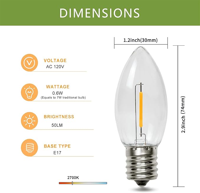 50 Pack C9 LED Replacement Christmas Light Bulbs, Soft White 2700K Waterproof Shatterproof Outdoor String Lights Vintage LED Filament Bulb, E17 Base, Commercial Grade Holiday Decoration Bulbs