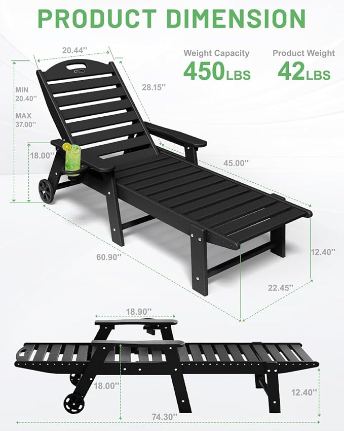 Lounge Chair Outdoor, Chaise Lounge Outdoor, HDPE 6-Position Lounge Chair for Outside, Patio Lounge Chair with Wheels & Cup Holder for Pool Poolside Deck Backyard, Black