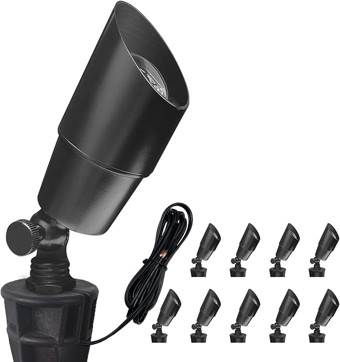 COLOER Brass Low Voltage Landscape Spotlight Fixture(Black) 10-Pack Without Bulb,12V AC/DC Outdoor Spot Lights for Yard, Directional Garden Patio Spot Up Light(101B-Black)