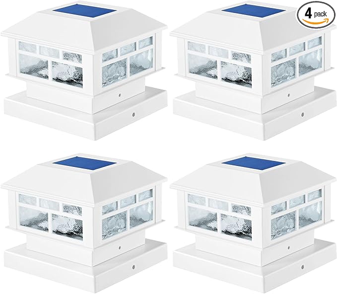 4 Packs Solar Post Cap Lights White Fence Deck Post Light Solar Powered Fit 3.5x3.5 4x4 5x5 Wooden Posts Outdoor Waterproof