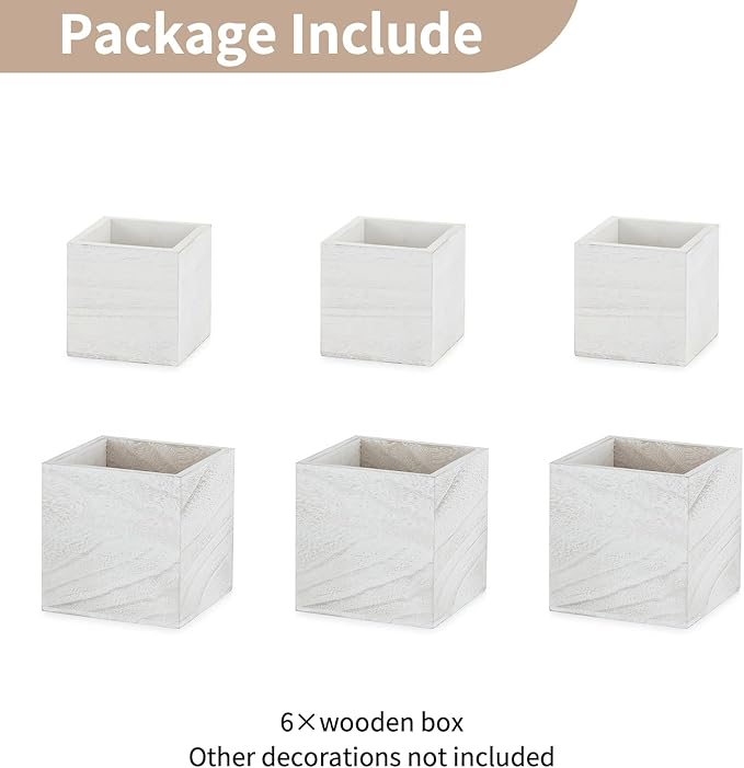 NUPTIO Wooden Box for Centerpiece Wedding: 6 Pcs Rustic Square Planter Box FarmhouseTable Fall Decor - 4×4" & 5×5" Whitewashed Small Wood Vases Flower Pots for Windowsill Home Garden