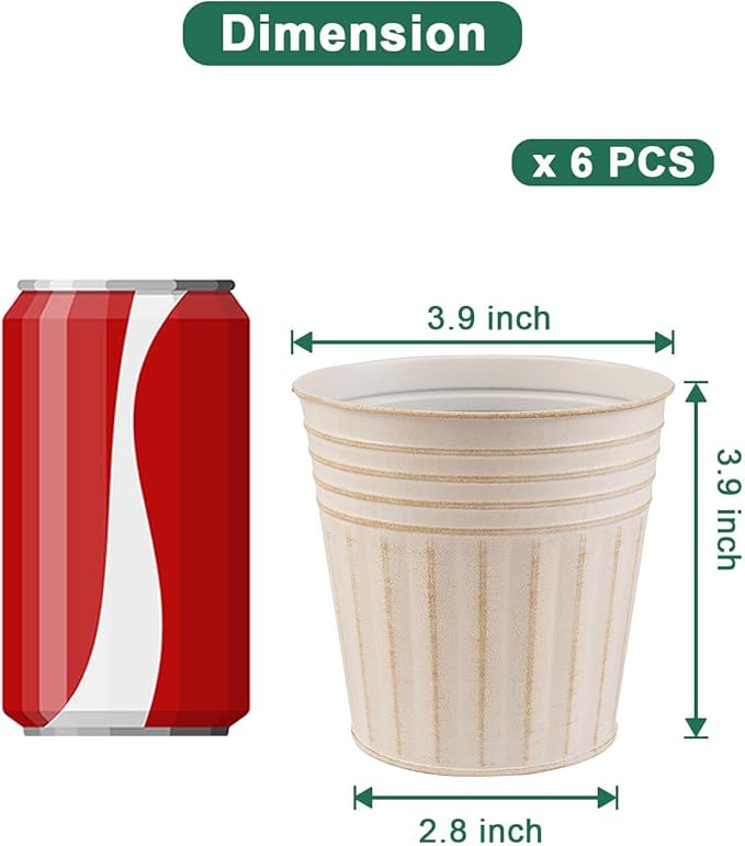 vensovo 4 Inches Beige Metal Rustic Flower Pots - 6 Pcs Small Galvanized Planters with Drainage Hole and Rubber Plug, Rustproof Tin Bucket Plant Pot Farmhouse Vintage Style for Decor