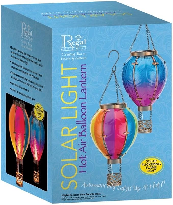 Regal Art & Gift Hot Air Balloon Solar Lantern – Hanging Solar-Powered LED Lights, Waterproof Portable Decorative Outdoor Lamp Made of Metal & Glass for Garden, Patios & Pathway – Stripe (Small)
