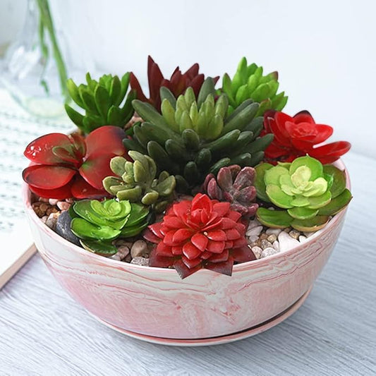 G EPGardening Large Ceramic Succulent Planter Pot with Drainage Hole and Saucer Large Marble Flower Pot for Plants Round Bonsai Planter Pot Indoor Outdoor Pink