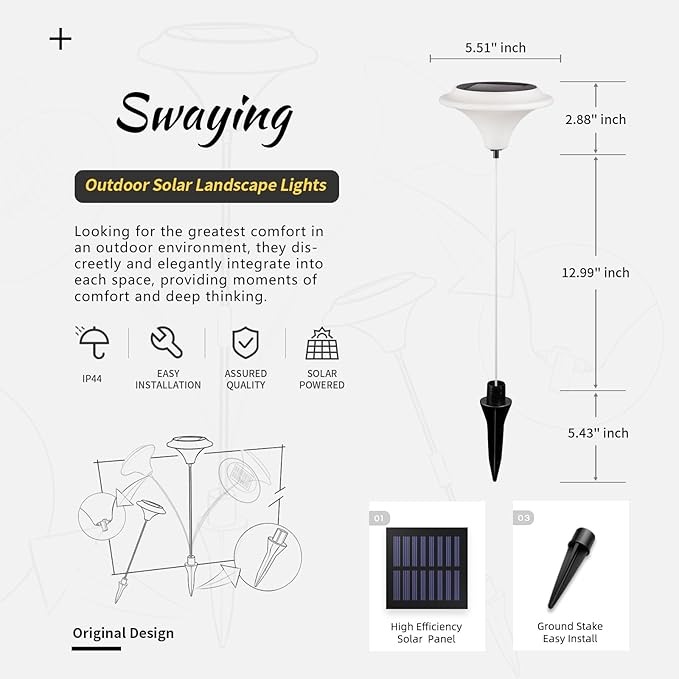 NORAGIFT Solar Garden Lights, 6 Pack Swaying Outdoor Waterproof LED Lights, Warm White, Large (20.5 inches)