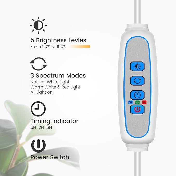 Garpsen Grow Light, Full Spectrum LED Plant Lights with Stand, 3 Color Modes Floor Grow Lamp with Timer 6/12/16H, 5 Dimmable Levels, 67'' Adjustable Height for Indoor Large Plants(White)