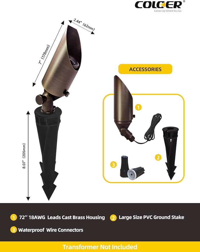 COLOER Die-cast Brass Landscape SpotLights Outdoor, 12V AC/DC Low Voltage Adjustable Yard Lighting, IP65 Waterproof Garden Patio Trees Spot Up Light(103B, Bronze, 6-Pack Without Bulb)