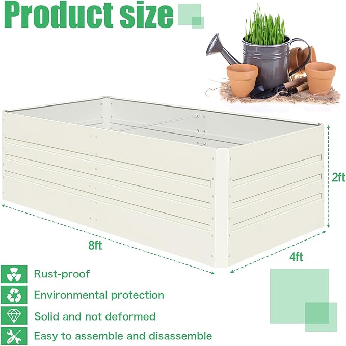 SnugNiture Galvanized Raised Garden Bed 8x4x2FT Outdoor Large Metal Planter Box Steel Kit for Planting Vegetables, Flowers, Beige White