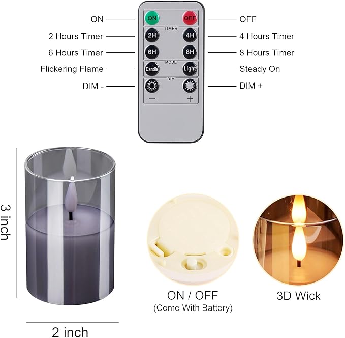 6Pack Glass Flickering Flameless Candles with Remote, 2"X3" Real Wax Votive Candles Battery Operated, Small Electric LED Candles for Wedding Home Decor, w/4 Timers+2 Lighting Modes [Gray]