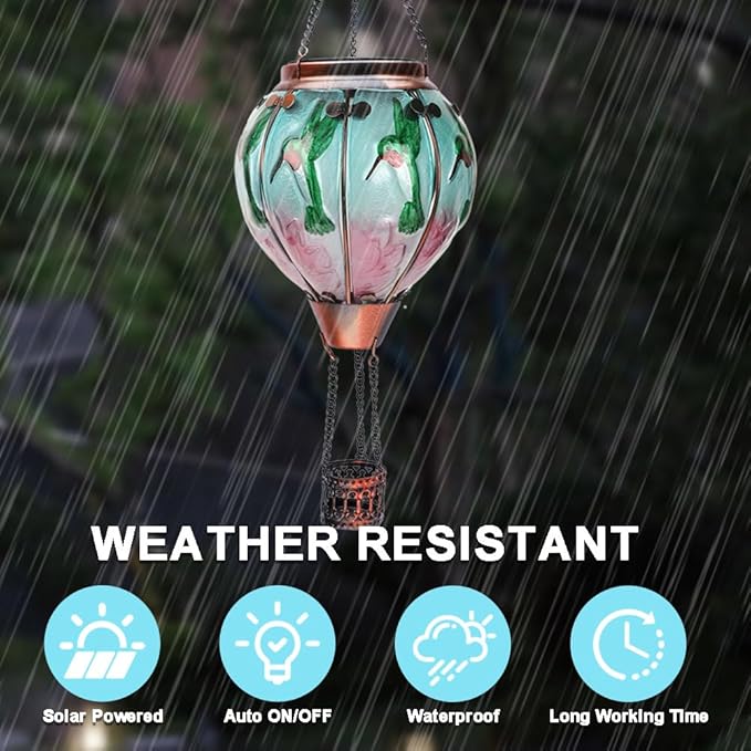 2PC Hot Air Balloon Solar Lantern with 2PC Shepherd Hook, Flickering Flame Hanging Solar Lanterns Outdoor Lights Waterproof Lanterns Decorative Garden Patio Yard Party Decor (Hummingbirds)