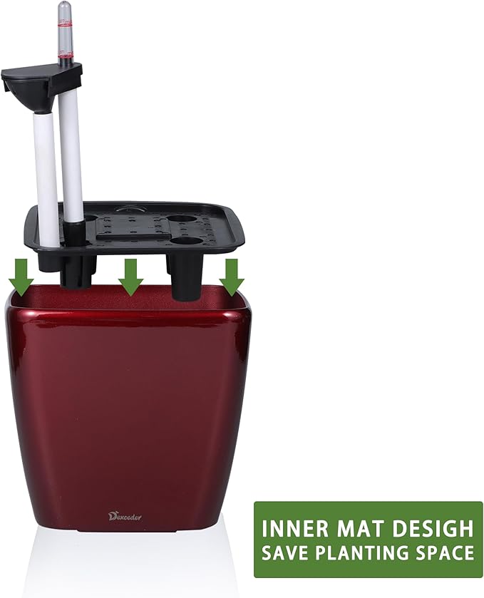 Dexceder 11x10 Self Watering Planter Indoor Outdoor, Inner Mat Design, Thickened Table Flower Plant Pot with Water Level Indicator (Red High Gloss)