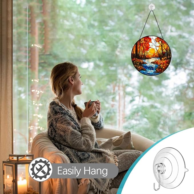 Sunset Suncatcher Stained Glass Window Hanging - Sun Catchers Indoor Window Decorations with Tree and River - Sunset Scenery Window hangings with Hooks - Valentines Day Gifts for Him Her Women Men