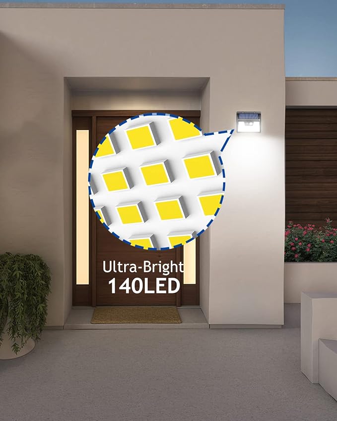 Peasur Solar Powered Lights Outdoor, 140 LED 8Pack Motion Sensor Light Outside, IP65 Waterproof Fence Security Lighting with 3 Modes for Yard Wall Garden Cool White