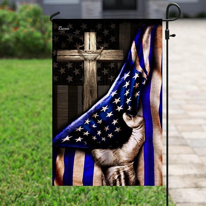 FLAGWIX The Thin Blue Line Christian Cross, America US Flag - 4th of July Decorations for Home, Garden, House Flag (29.5" x 39.5") - USA House Garden Flags Premium Polyester, Decorative Outdoor Flags