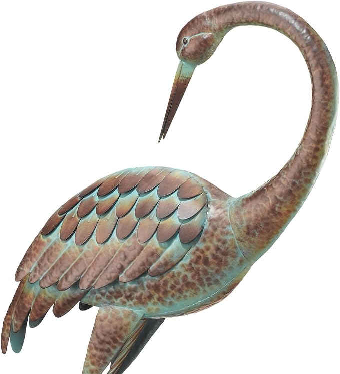 Regal Art & Gift Outdoor Garden Décor, Unique Bird Sculpture, Rustic Metal Bird Statues, Garden Ornaments, Bird Figurine for Lawn, Decorative Sculpture, Crane, Bronze/Green, Back Preening, 38"height