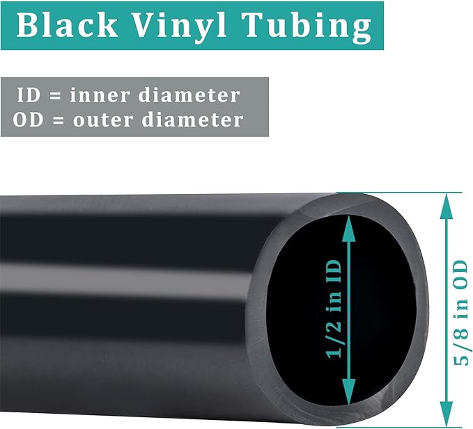 Black Vinyl Tubing 1/2” ID × 5/8” OD - 10 Feet PVC Flexible Plastic Tube Hybrid Hose, Transfer Water Air Oil for Pond Fountain Garden, Non-toxic and BPA free