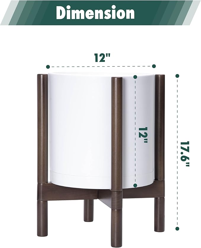 D'vine Dev Planter with Stand - 12 Inch Plastic Cylinder Flower Pot with Wood Holder for Indoor, Matte White Pot + Walnut Color Stand, 55-C-O-1