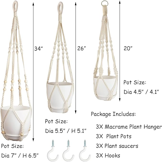 Macrame Plant Hangers with Pots and Saucers, 3 Pack Hanging Planters for Indoor Plants Hanging Plant Holders with Hooks 34" / 26" / 20"