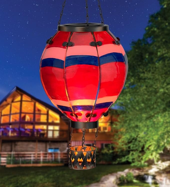 Regal Art & Gift Hot Air Balloon Solar Lantern – Hanging Solar-Powered LED Lights, Waterproof Portable Decorative Outdoor Lamp Made of Metal & Glass for Garden, Patios & Pathway – Stripe (Large)