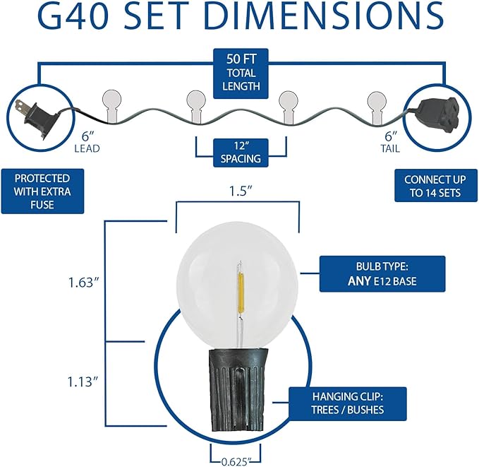 Novelty Lights 50 Feet G40 LED Patio String Lights with 50 Bulbs, Warm White, Weather Resistant and Shatterproof Replaceable Plastic Globe Bulbs, Green Wire