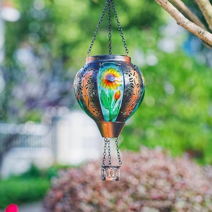 Starsoul Sunflowers Hot Air Balloon Solar Lantern Metal & Glass Solar Hot Air Balloon Hanging Garden Light Waterproof Outdoor Lantern for Patio Yard Party Decorations