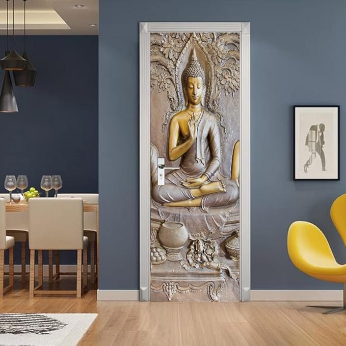 3D Door Stickers Murals Peel and Stick - Buddha Statue - Door Wallpaper Self-Adhesive Door Decals Removable PVC Waterproof Door Poster for Bedroom Living Room Door 37.4" x 78.7"