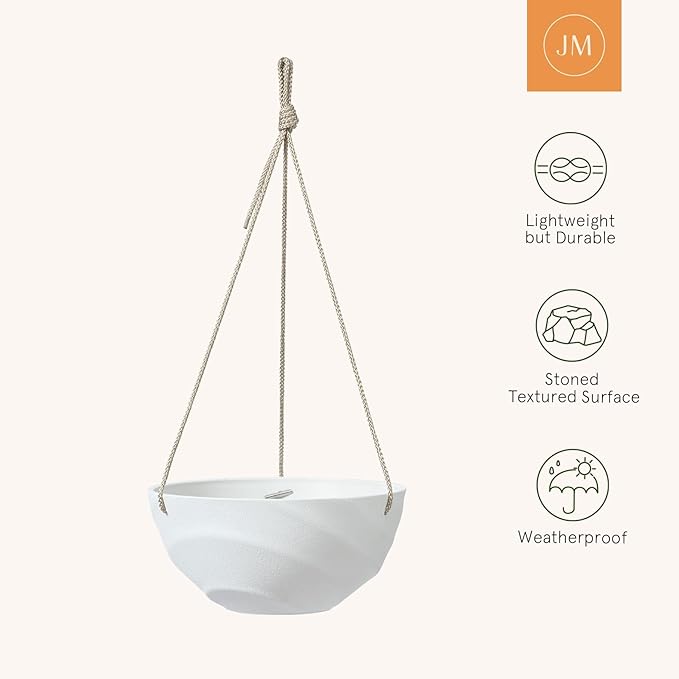 La Jolie Maison 10 Inch Hanging Planters for Indoor Plants, Outdoor Garden Planter Pots with Self-Watering Tray, Eggshell White, Set of 2