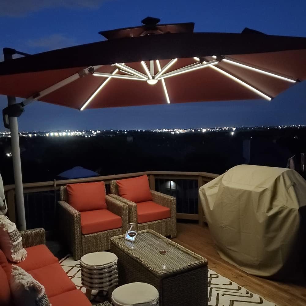 PURPLE LEAF 9 Feet Double Top Deluxe Solar Powered LED Square Patio Umbrella Offset Hanging Umbrella Outdoor Market Umbrella Garden Umbrella, Brick Red