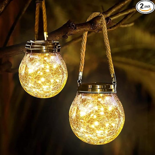 Solar Crackle Glass Hanging Lanterns, 5.5 in Height, IP65 Waterproof, 30 LED Lights, 2-Pack, Warm White