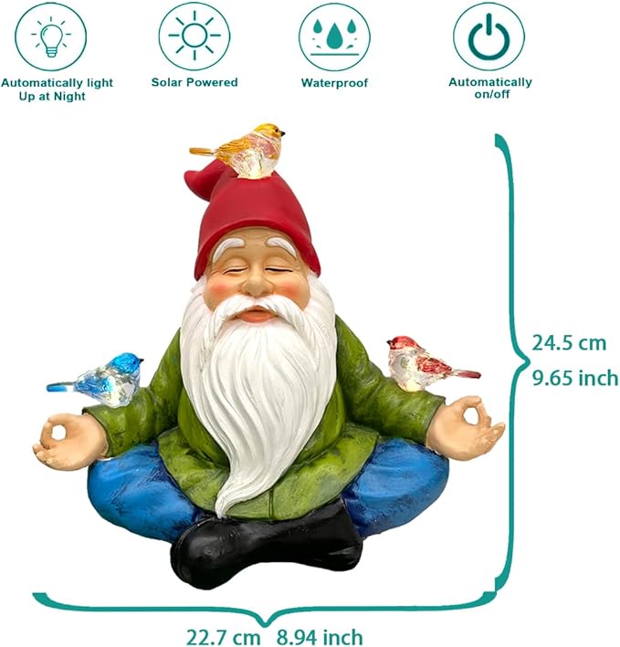 Solar Powered Gnome with Red Hat and 3 Birds Decorated Solar Light, Garden Decorations Statues, Garden Light Decor for Lawn Ornaments, Resin Garden Figurines (Gnome with 3 Birds)