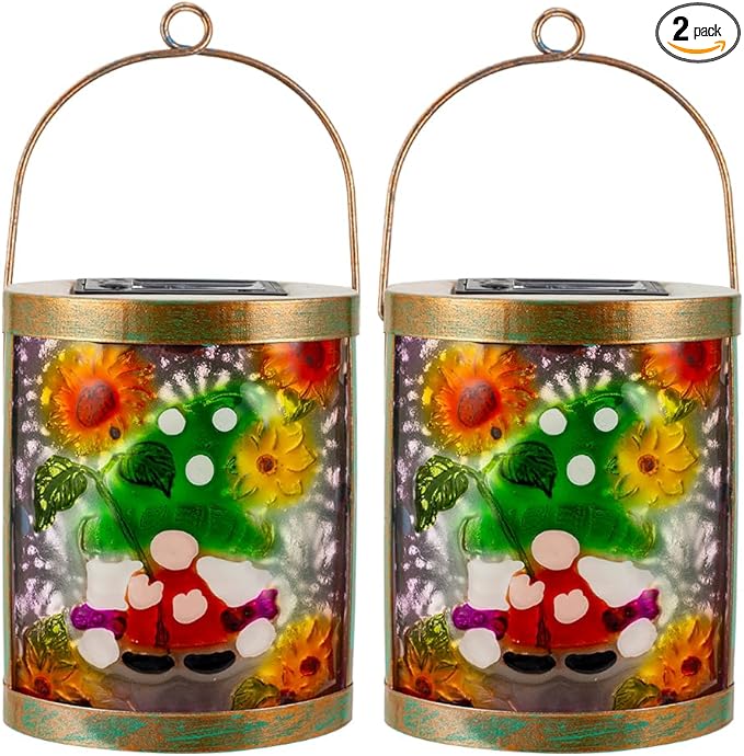 Starsoul 2 Pack Hanging Solar Lantern Outdoor Waterproof Glass Gnome and Sunflowers Decorative Solar Lights for Outside Garden Yard Table Patio Decor