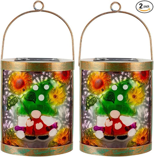 Starsoul 2 Pack Hanging Solar Lantern Outdoor Waterproof Glass Gnome and Sunflowers Decorative Solar Lights for Outside Garden Yard Table Patio Decor