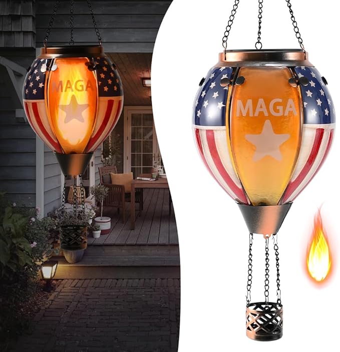 U.S Flag Hot Air Balloon Solar Lantern - MAGA Simulated Flickering Flame Stained Glass Light for Outdoor, Yard Hanging/ Waterproof IP65, Ideal 4th of July Gift for Patriot Veterans Patio Decor