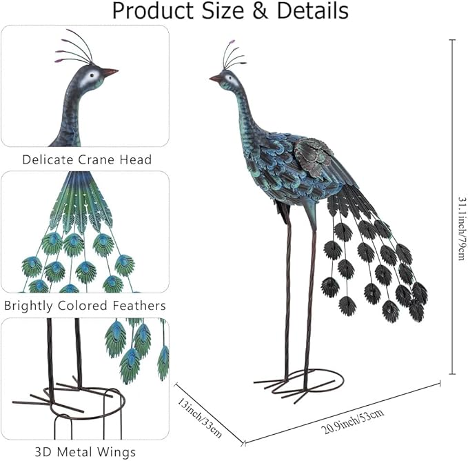 VEWOGARDEN 2 Pack Peacock Outdoor Garden Sculptures & Statues Metal Peacock Yard Art for Lawn Patio Pool Outside Decorations