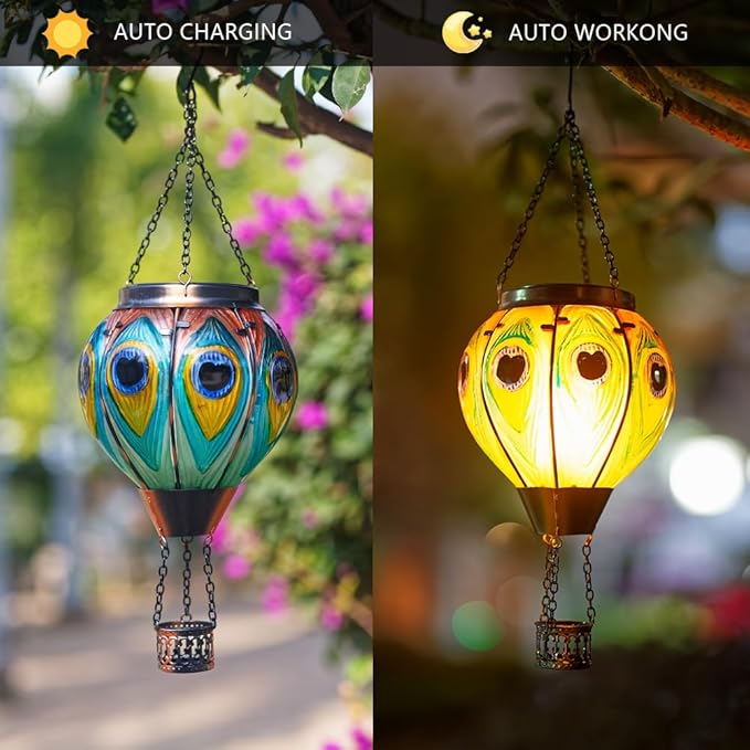 Starsoul 2 PC Peacock Hot Air Balloon Solar Lantern with Flame Glass Outdoor Hanging Hot Air Balloon Solar Light Waterproof Garden Patio Yard Party Decorations