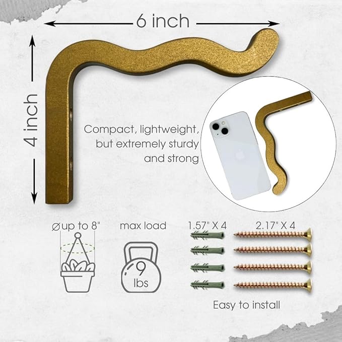 2-Piece Set of Wavy Wooden Wall Planters for Indoor Plants 6 Inch - Natural Plant Hook for Wall Plant, Wind Chimes, Flower Brackets - Durable Bracket Plant Hanger (Bronze)