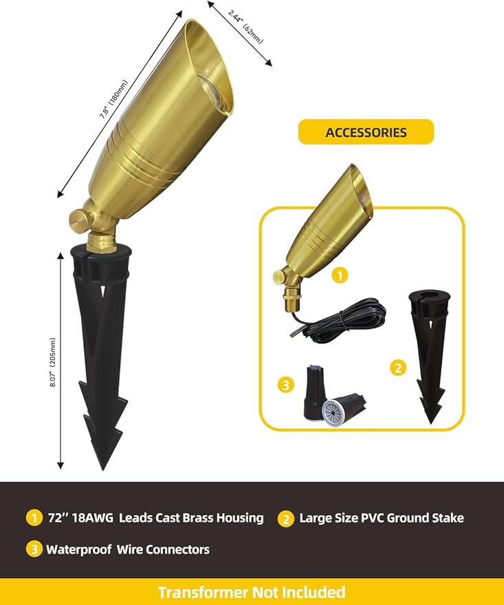 COLOER Die-cast Brass Landscape Spotlight 12-Pack Without Bulb,12V AC/DC Low Voltage Copper Outdoor Lighting with Ground Stake, Directional Garden Patio Spot Up Light (102B Brass Finish)